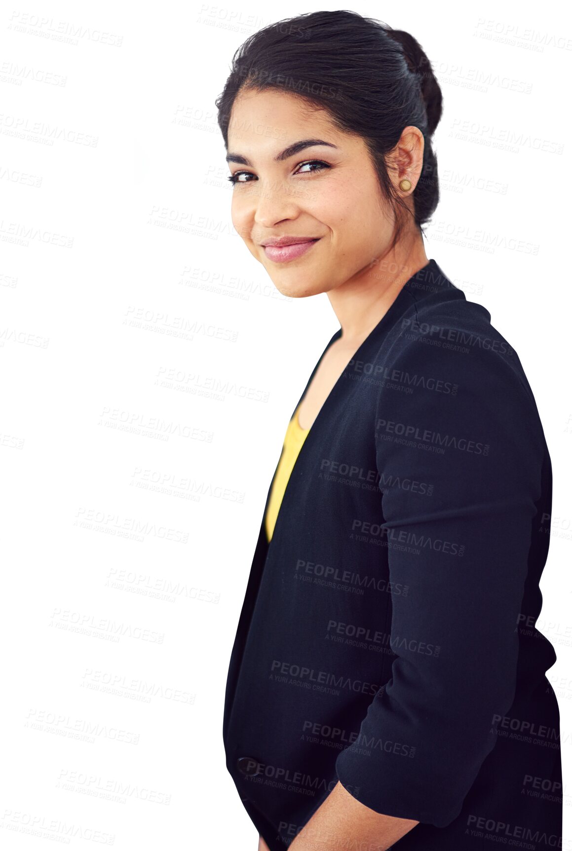 Buy stock photo Portrait, corporate woman and happy for idea, vision or business goal with smile. Female person, manager and thinking with satisfaction on face on isolated on transparent or png background with job