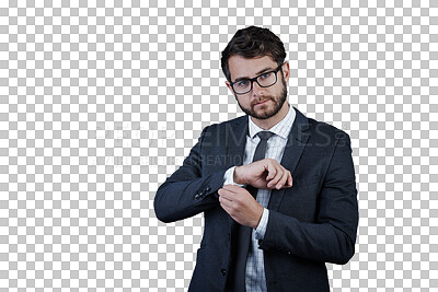 Buy stock photo Business man, sleeve and worker thinking about corporate job and professional idea with glasses. Suit, male person and worker confidence from working isolated on a transparent, png background