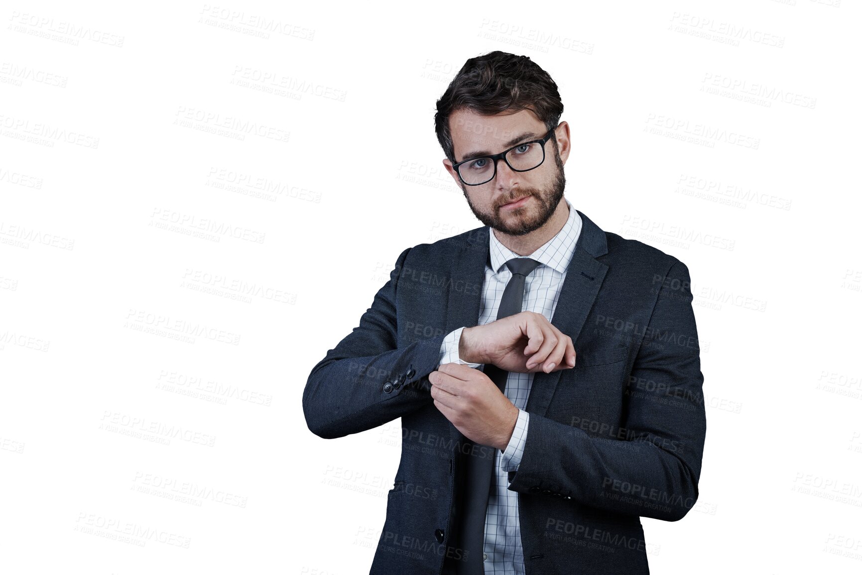 Buy stock photo Business man, sleeve and worker thinking about corporate job and professional idea with glasses. Suit, male person and worker confidence from working isolated on a transparent, png background