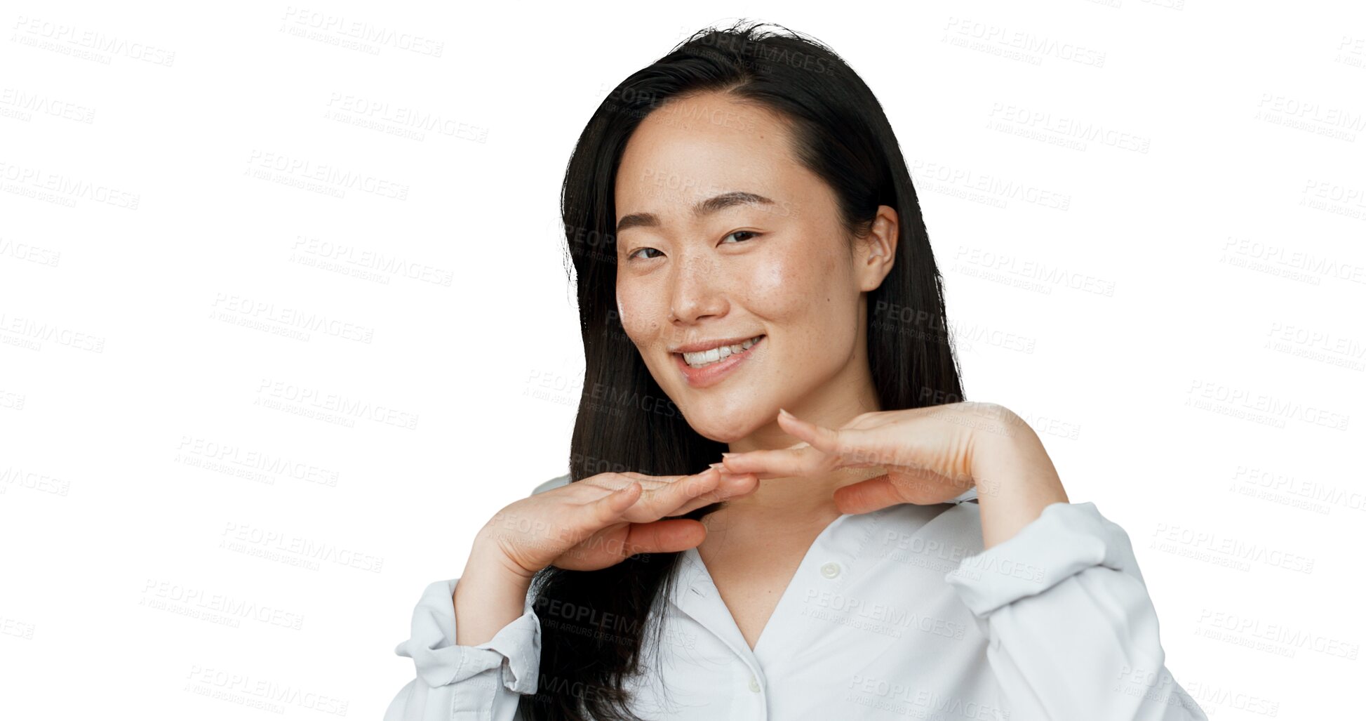 Buy stock photo Asian woman, portrait and smile for beauty in skincare, happy glow and makeup with hair care for health in wellness. Person, model and pose on isolated on transparent png background for cosmetics