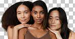 Face, beauty and portrait of women friends in studio for diversity, inclusion or wellness. Model people on neutral background for different skin, facial care and dermatology glow or natural cosmetics