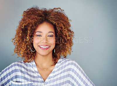Buy stock photo Portrait, smile and creative business woman isolated on a gray background mockup space. Face, happy professional designer or entrepreneur, young employee and person working at startup in South Africa