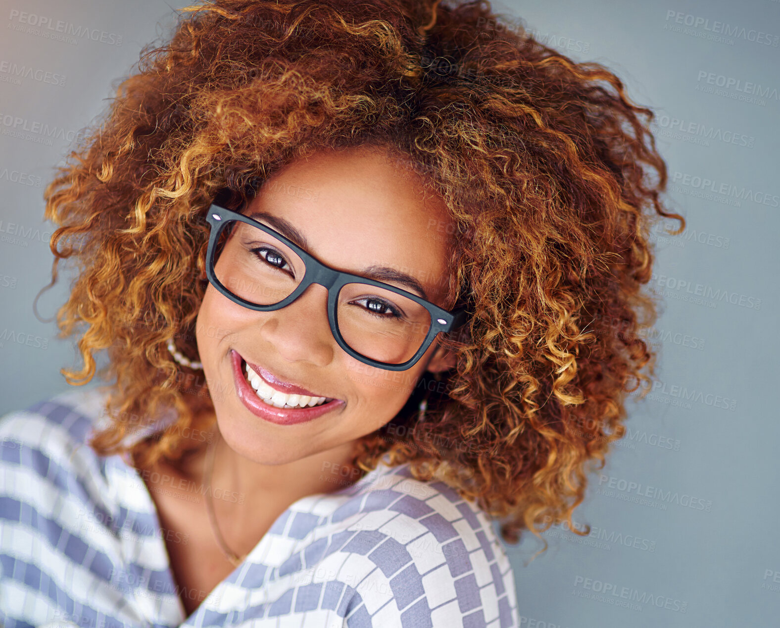 Buy stock photo Portrait, smile and business woman in glasses isolated on a gray background. Face, happy professional in spectacles and young creative designer, entrepreneur and employee working at startup in Brazil