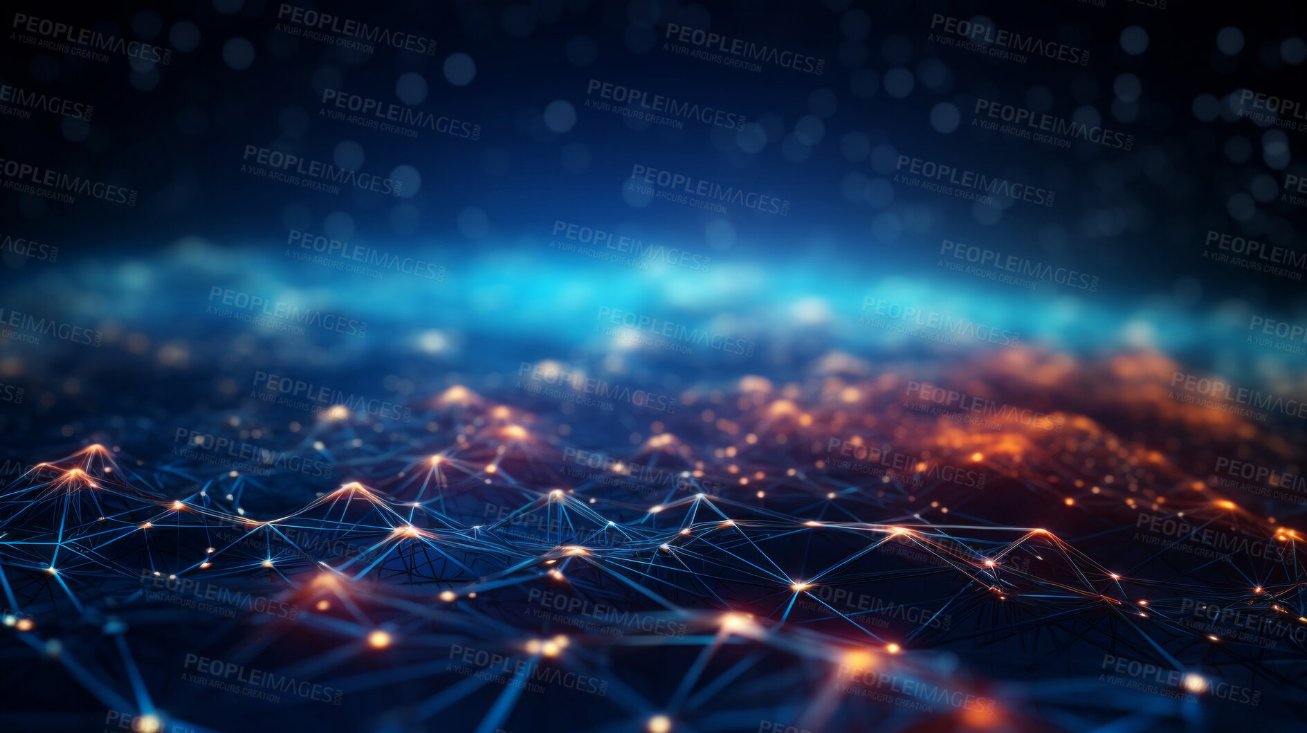 Buy stock photo Network technology, interconnected nodes in the digital realm. Data transfer, communication and seamless connectivity for modern enterprises. Efficient, robust and secure tech infrastructure for business success.