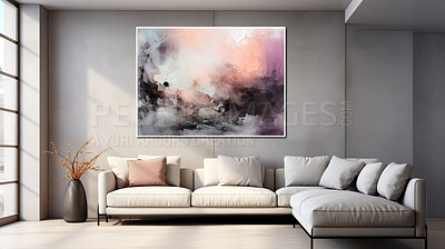 Home, couch and wall gallery for inviting coziness, modernity and captivating aesthetics. Comfy seating, contemporary design and an array of artwork create a chic living space. Suitable for interior design showcases, furniture promotions and lifestyle con
