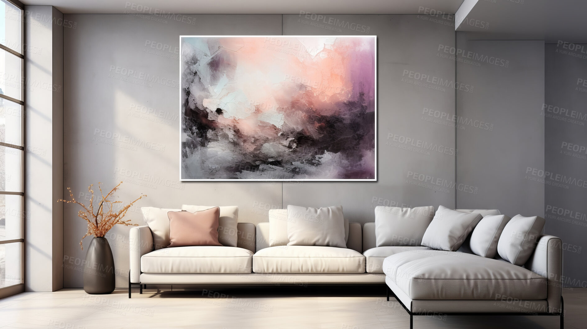 Buy stock photo Home, couch and wall gallery for inviting coziness, modernity and captivating aesthetics. Comfy seating, contemporary design and an array of artwork create a chic living space. Suitable for interior design showcases, furniture promotions and lifestyle content.