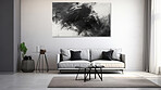 Home, couch and wall gallery for inviting coziness, modernity and captivating aesthetics. Comfy seating, contemporary design and an array of artwork create a chic living space. Suitable for interior design showcases, furniture promotions and lifestyle con