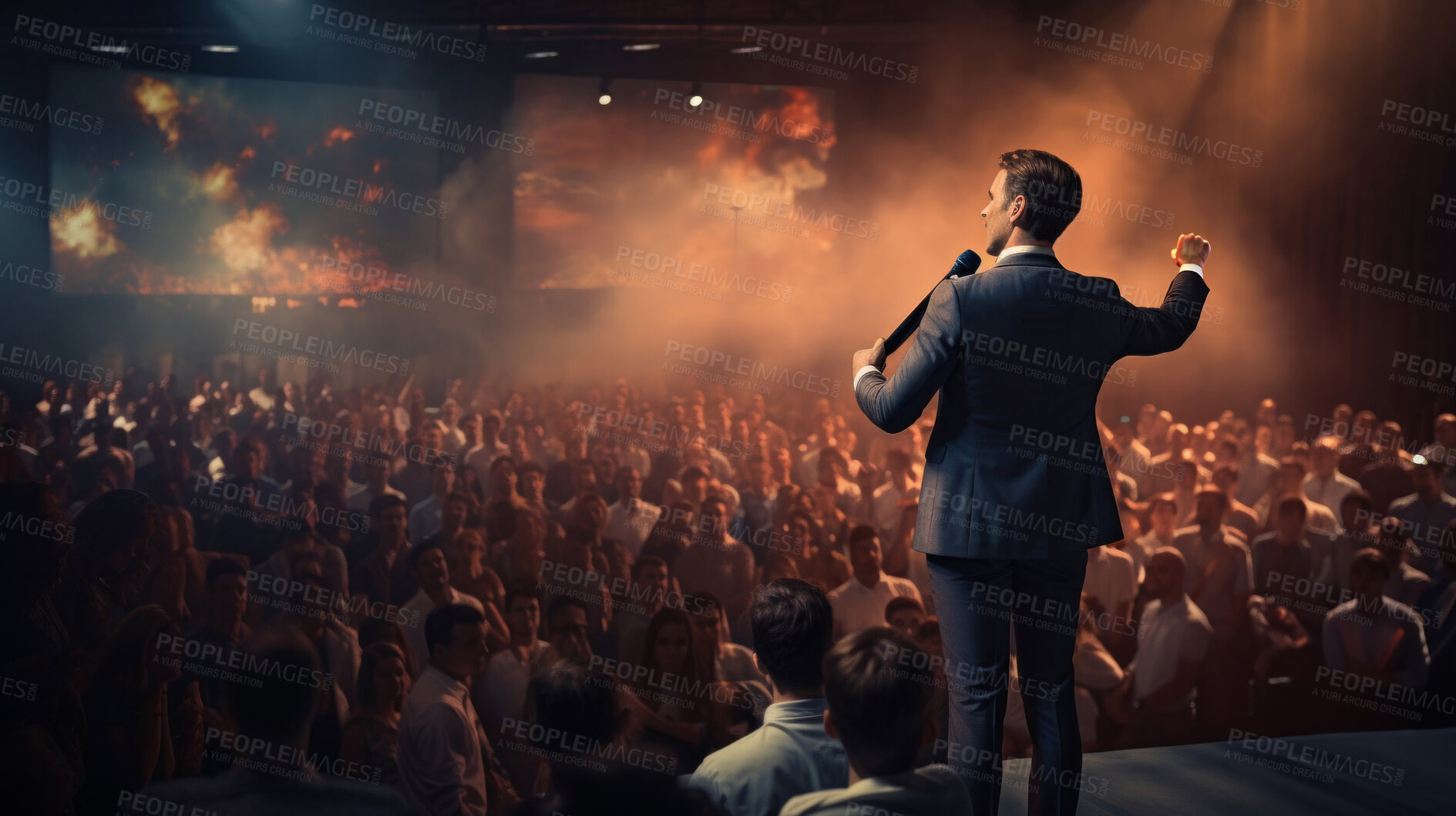 Buy stock photo Speaker, charisma and confident address for impactful communication, leadership and public presence. A poised male figure, microphone in hand engages the audience with assurance. Ideal for public speaking courses, leadership events and professional development visuals.