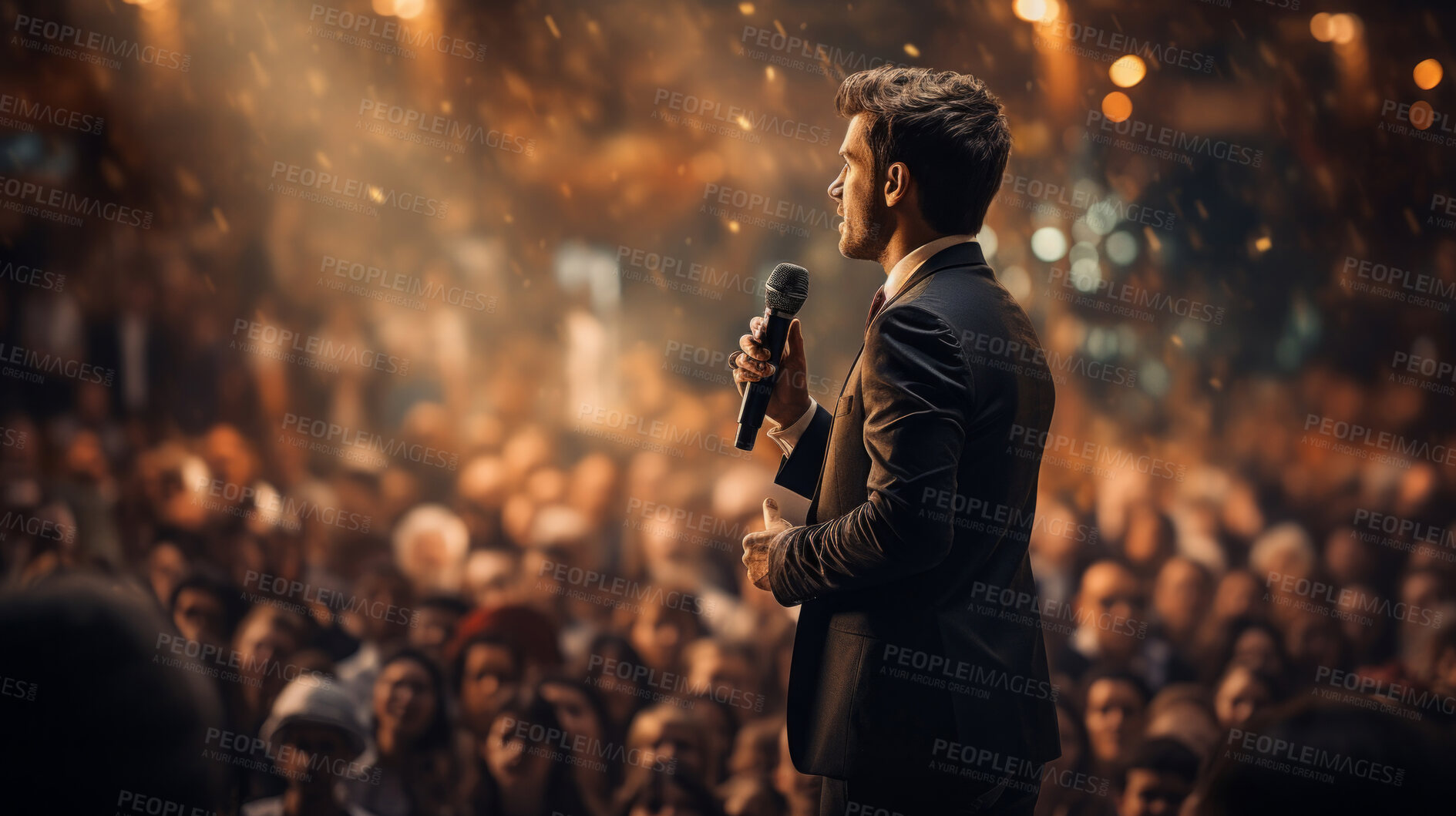 Buy stock photo Speaker, charisma and confident address for impactful communication, leadership and public presence. A poised male figure, microphone in hand engages the audience with assurance. Ideal for public speaking courses, leadership events and professional development visuals.