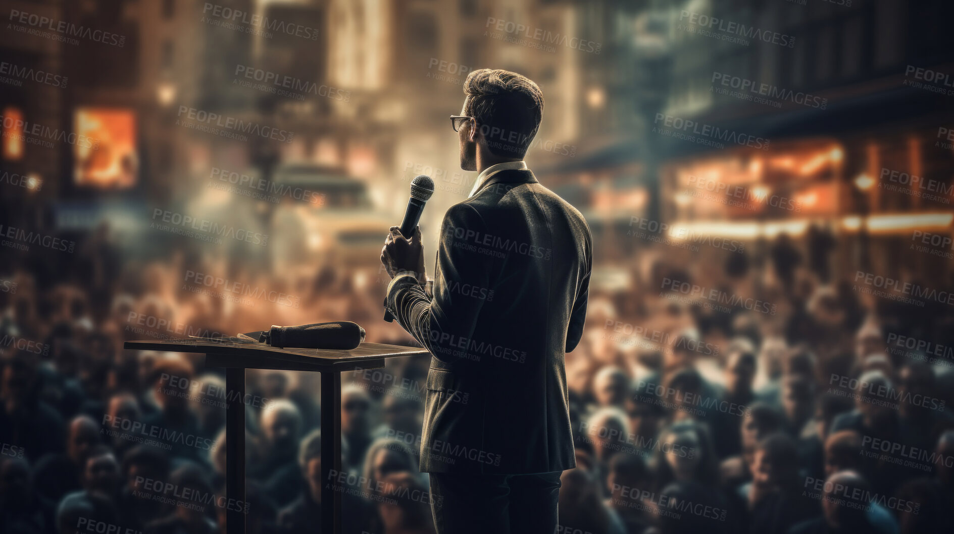 Buy stock photo Speaker, charisma and confident address for impactful communication, leadership and public presence. A poised male figure, microphone in hand engages the audience with assurance. Ideal for public speaking courses, leadership events and professional development visuals.