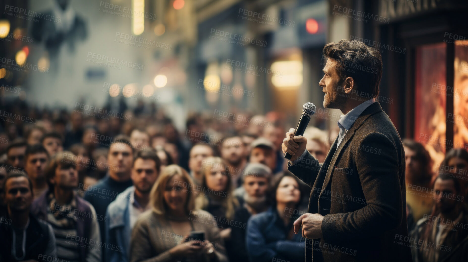 Buy stock photo Speaker, charisma and confident address for impactful communication, leadership and public presence. A poised male figure, microphone in hand engages the audience with assurance. Ideal for public speaking courses, leadership events and professional development visuals.