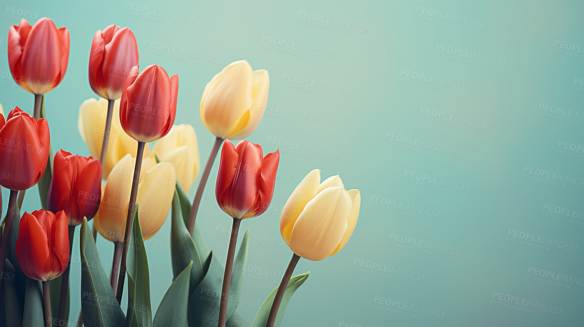 Buy stock photo Springtime tulips, blooming and colorful petals for a refreshing floral background, nature and seasonal vibrancy. Tulips in a variety of colors form a lively and cheerful scene, providing an ideal backdrop for spring-related content. Ideal for nature-inspired presentations, posters, and digital backgrounds.