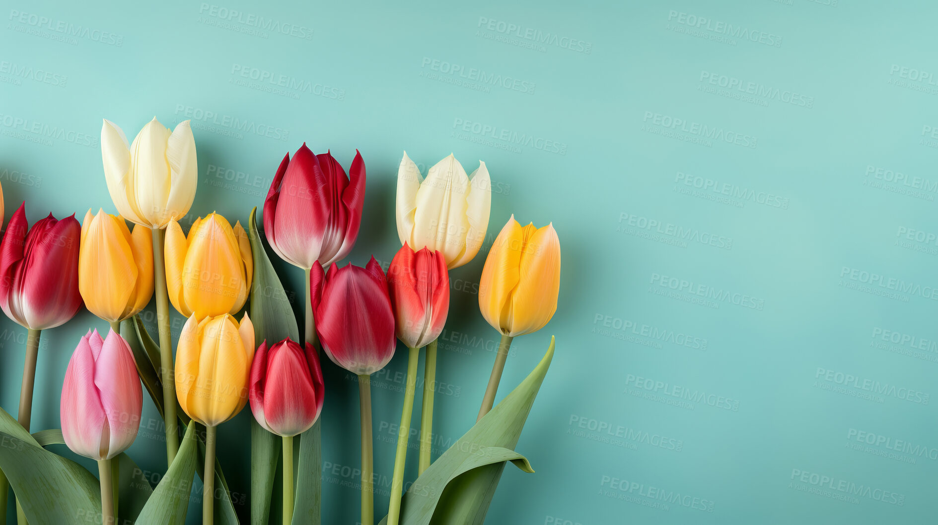 Buy stock photo Springtime tulips, blooming and colorful petals for a refreshing floral background, nature and seasonal vibrancy. Tulips in a variety of colors form a lively and cheerful scene, providing an ideal backdrop for spring-related content. Ideal for nature-inspired presentations, posters, and digital backgrounds.