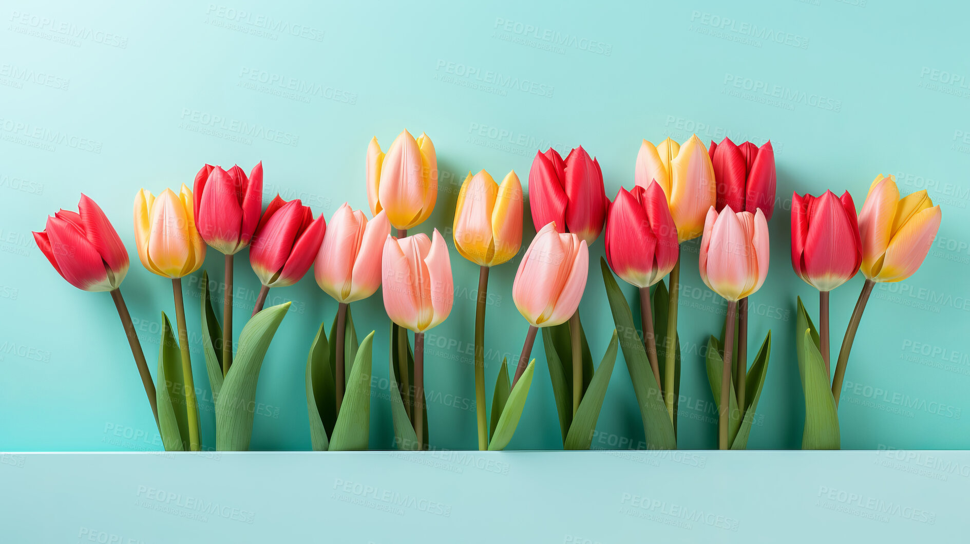 Buy stock photo Springtime tulips, blooming and colorful petals for a refreshing floral background, nature and seasonal vibrancy. Tulips in a variety of colors form a lively and cheerful scene, providing an ideal backdrop for spring-related content. Ideal for nature-inspired presentations, posters, and digital backgrounds.