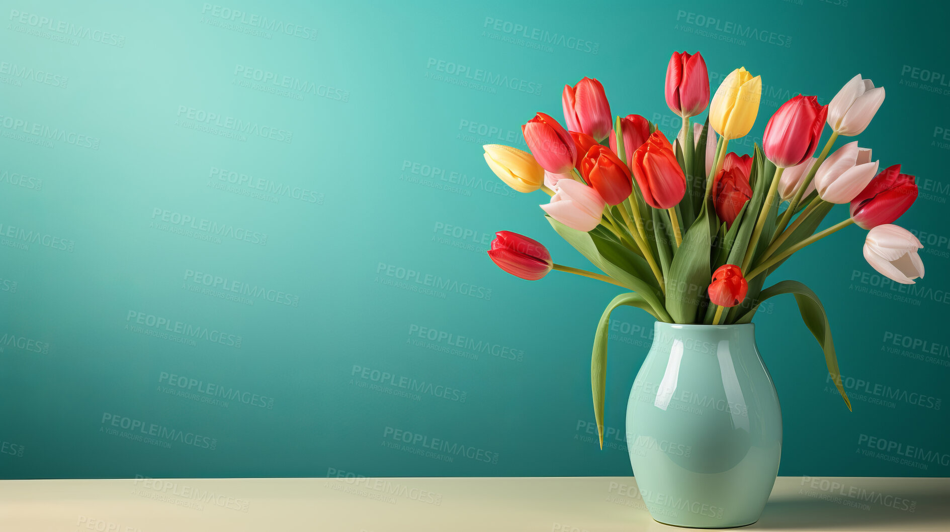 Buy stock photo Springtime tulips, blooming and colorful petals for a refreshing floral background, nature and seasonal vibrancy. Tulips in a variety of colors form a lively and cheerful scene, providing an ideal backdrop for spring-related content. Ideal for nature-inspired presentations, posters, and digital backgrounds.