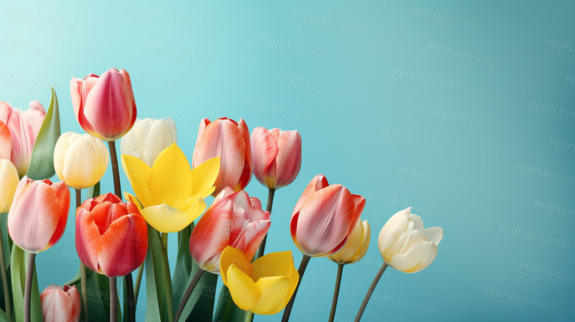 Buy stock photo Springtime tulips, blooming and colorful petals for a refreshing floral background, nature and seasonal vibrancy. Tulips in a variety of colors form a lively and cheerful scene, providing an ideal backdrop for spring-related content. Ideal for nature-inspired presentations, posters, and digital backgrounds.