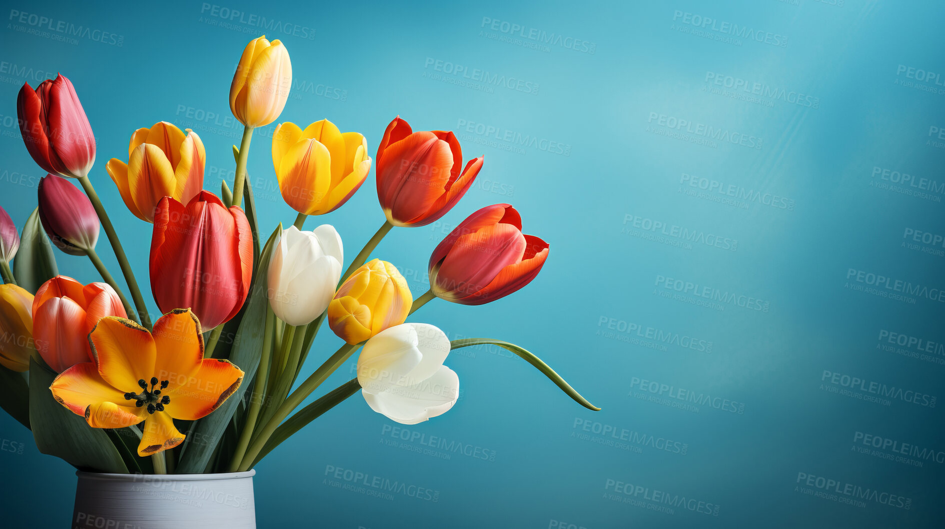 Buy stock photo Springtime tulips, blooming and colorful petals for a refreshing floral background, nature and seasonal vibrancy. Tulips in a variety of colors form a lively and cheerful scene, providing an ideal backdrop for spring-related content. Ideal for nature-inspired presentations, posters, and digital backgrounds.