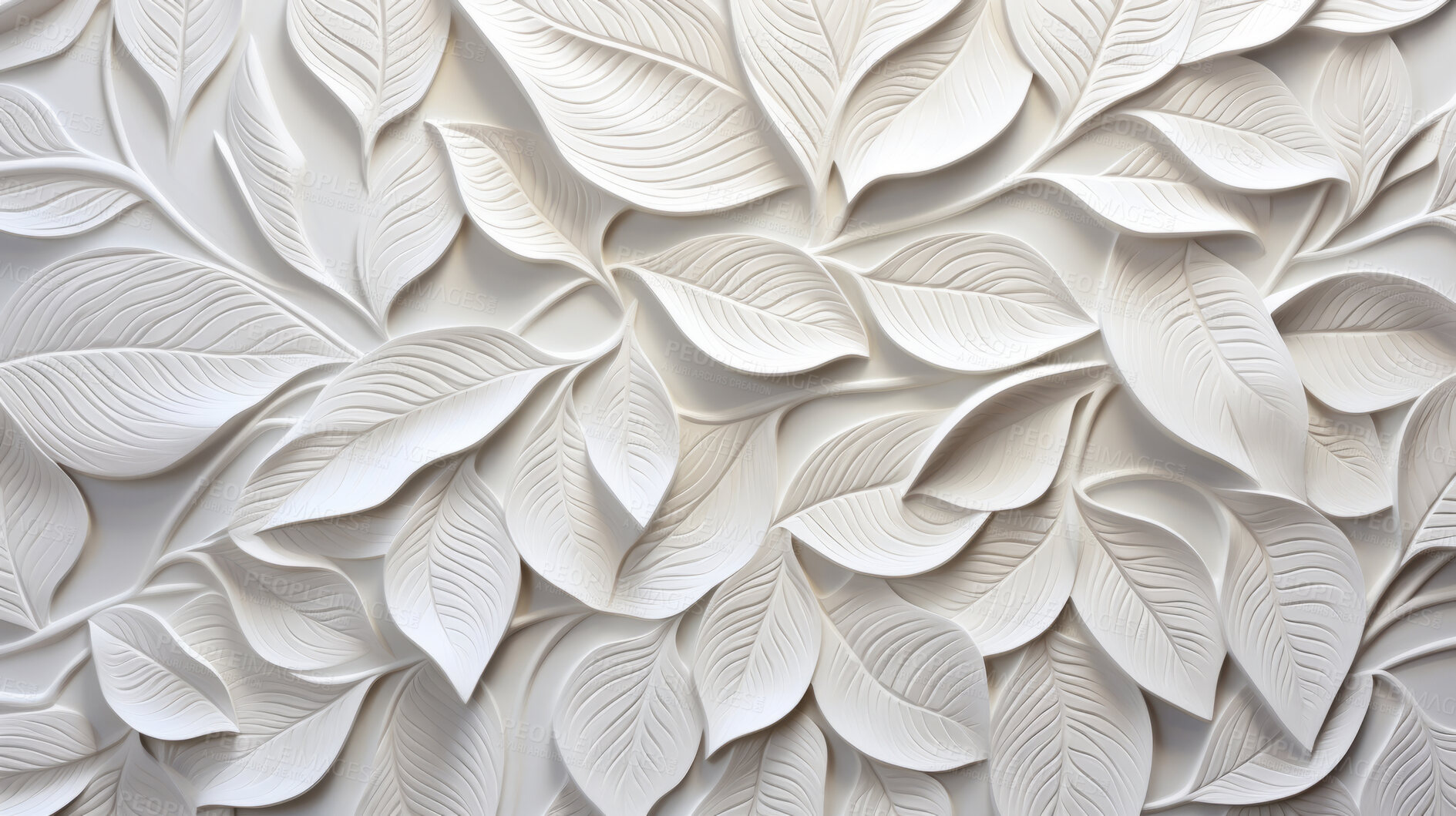Buy stock photo Leaves, embroidered in soft white. Delicate, artistic and nature-inspired design for fashion, decor and creative expressions. On textured canvas with a touch of botanical elegance.