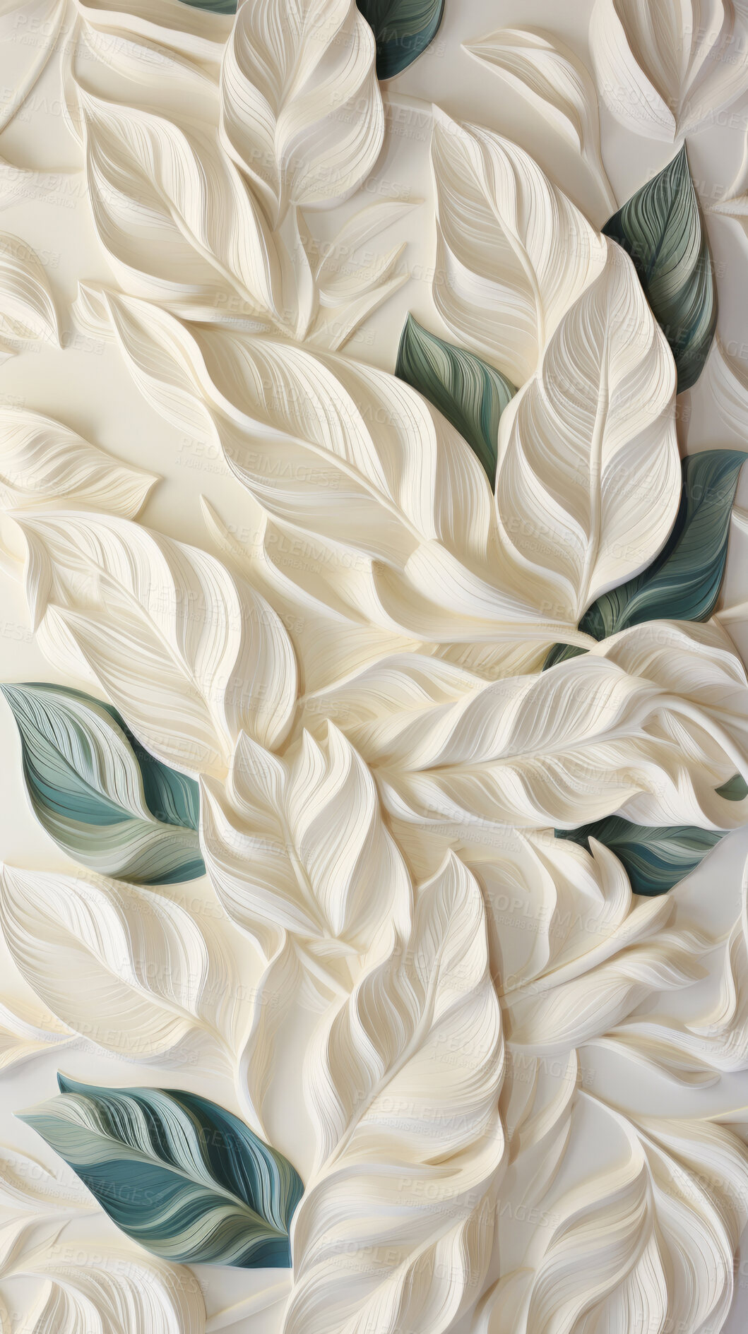 Buy stock photo Leaves, embroidered in soft white. Delicate, artistic and nature-inspired design for fashion, decor and creative expressions. On textured canvas with a touch of botanical elegance.