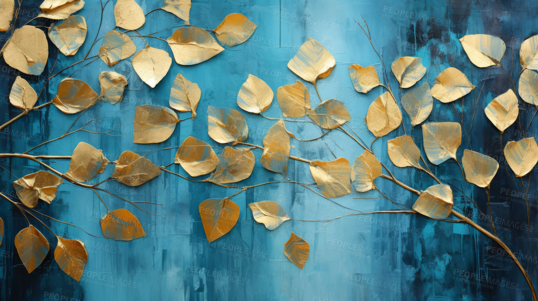 Buy stock photo Golden foliage, shimmering leaves and deep blue canvas for opulent events, luxury and nature-inspired themes. Exquisite, luminous and regal composition for premium backgrounds, branding and upscale visuals.