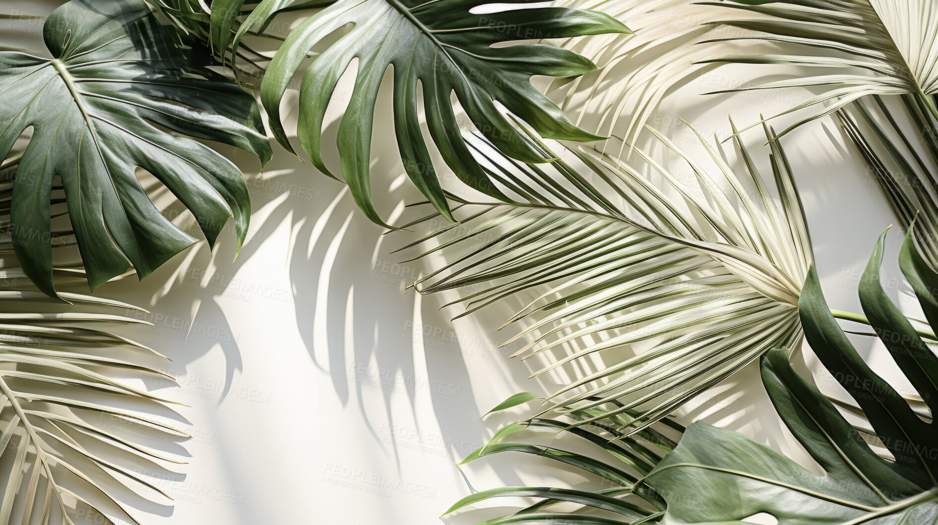 Buy stock photo Palm leaves, bathed in sunlight through a window. Tropical, serene and nature-inspired design for interiors, relaxation and creative expressions. On a sunlit canvas with a touch of botanical elegance.