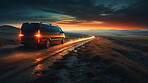 Vehicle speeding, minivan and light trails for family, driver and owner on road. Test, passenger, and fast automobile for tourism, mechanic or professional, long distance, commute and vacation