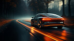 Vehicle speeding, sports and car light trails for commercial, driver and owner on road. Test, speed, and fast automobile for dealership, mechanic or professional racing competition with neon lights