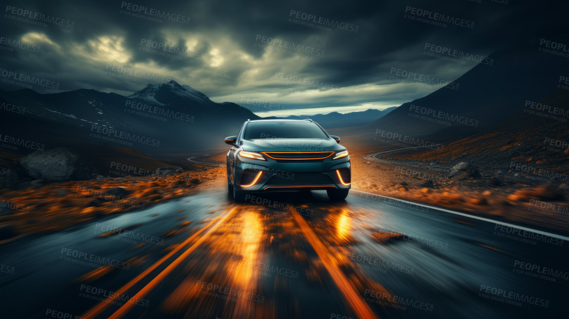 Buy stock photo Vehicle speeding, sports and car light trails for commercial, driver and owner on road. Test, speed, and fast automobile for dealership, mechanic or professional racing competition with neon lights