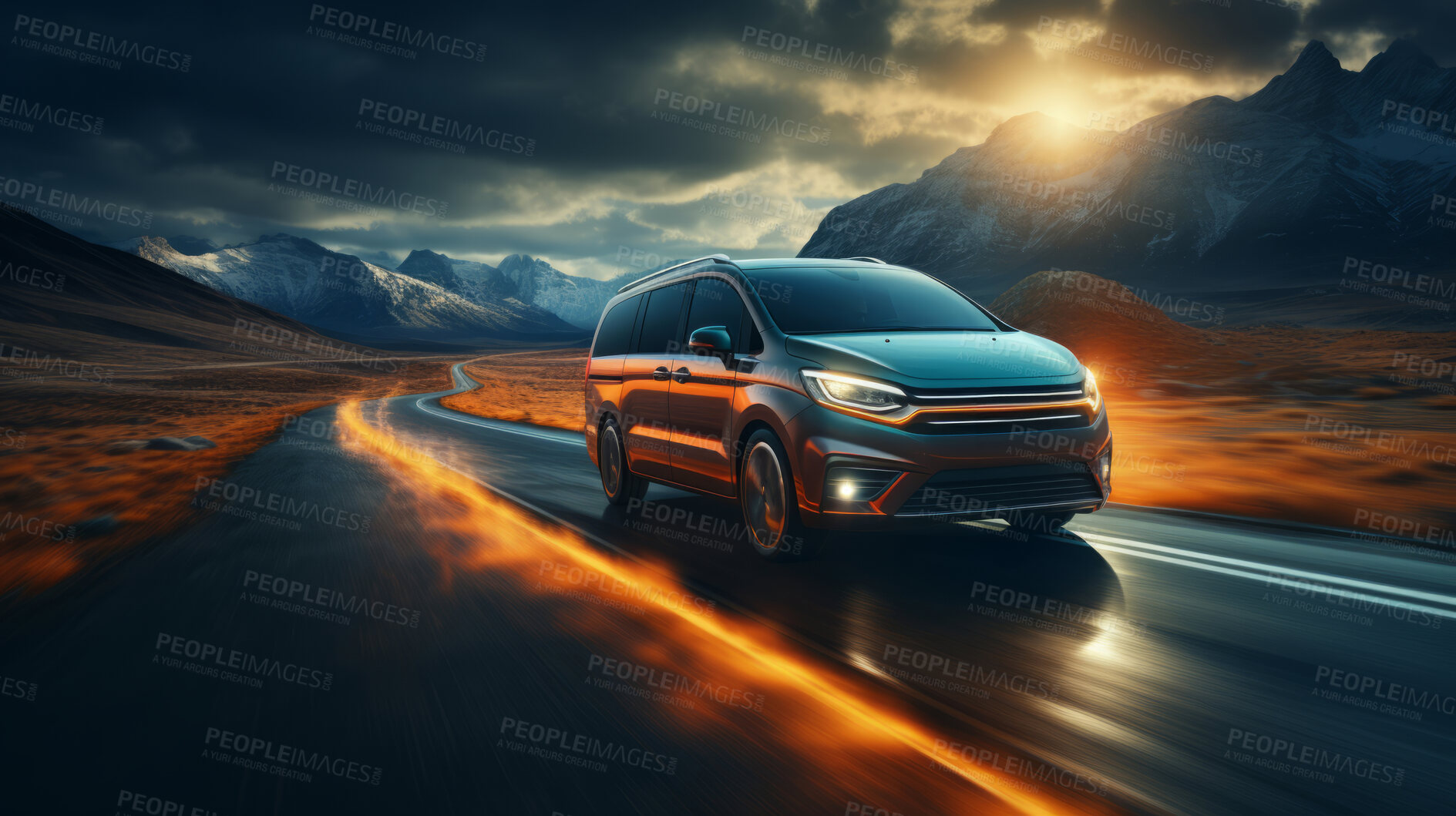 Buy stock photo Vehicle speeding, minivan and light trails for family, driver and owner on road. Test, passenger, and fast automobile for tourism, mechanic or professional, long distance, commute and vacation