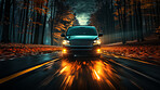 Vehicle speeding, minivan and light trails for family, driver and owner on road. Test, passenger, and fast automobile for tourism, mechanic or professional, long distance, commute and vacation