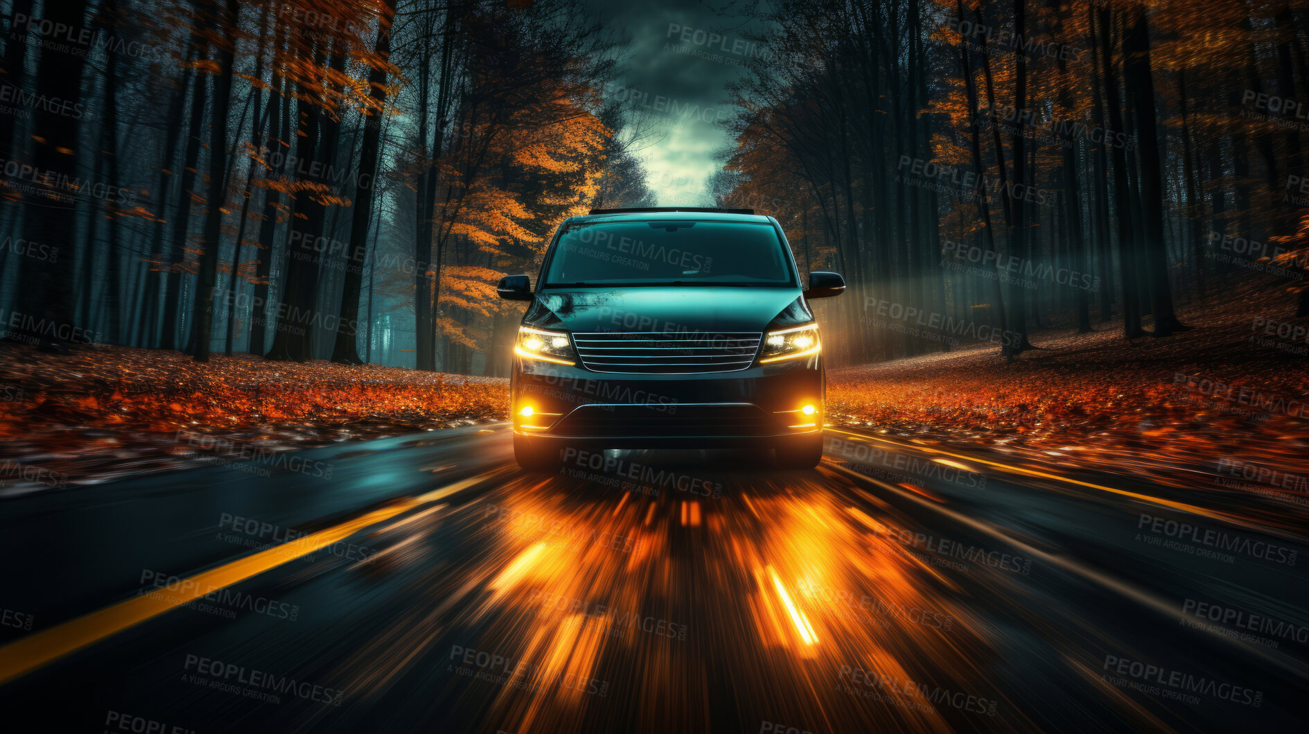 Buy stock photo Vehicle speeding, minivan and light trails for family, driver and owner on road. Test, passenger, and fast automobile for tourism, mechanic or professional, long distance, commute and vacation