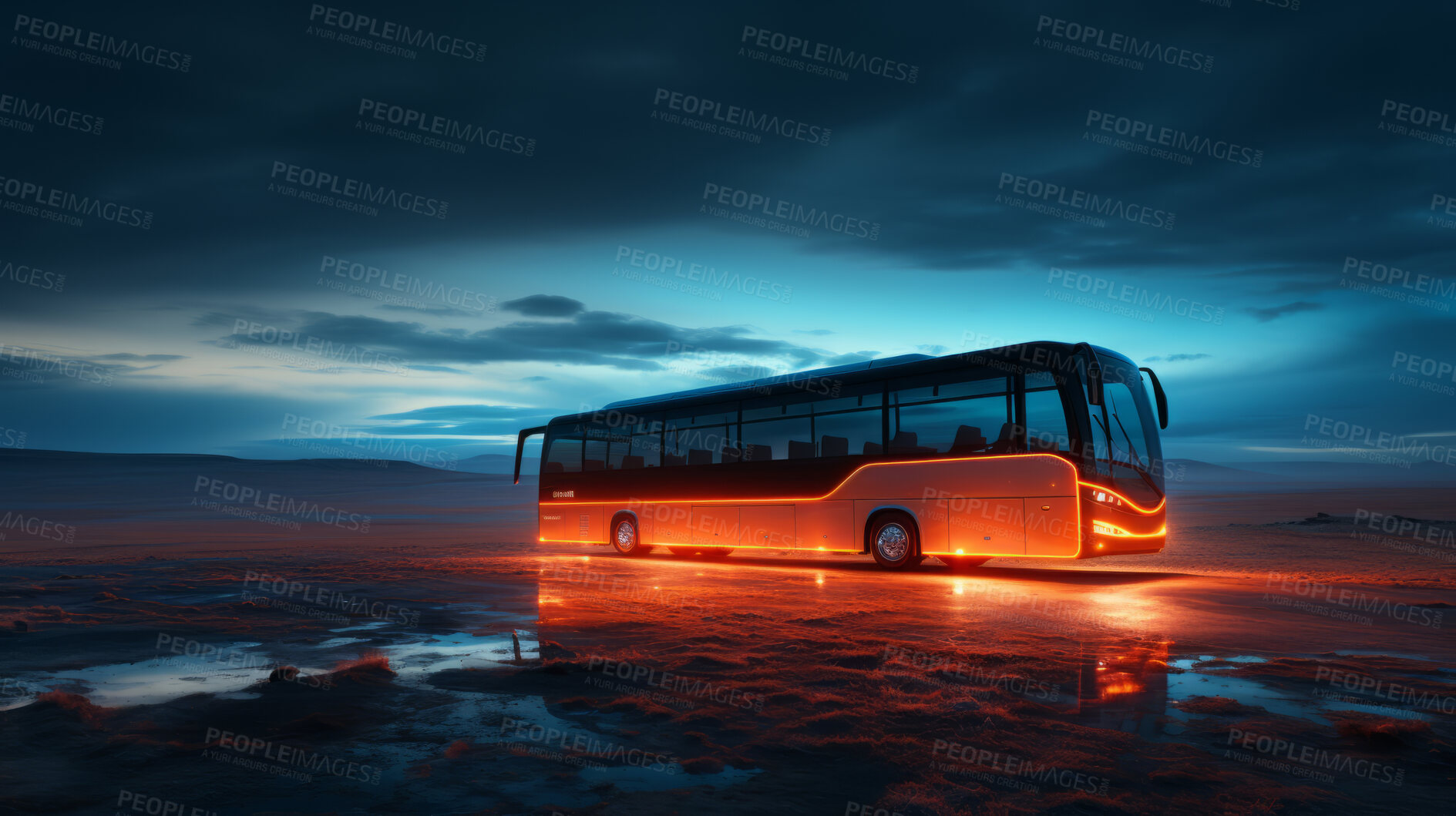 Buy stock photo Vehicle traveling, bus and light trails for commercial, driver and owner on road. Test, passenger, and fast automobile for tourism, mechanic or professional, long distance, commute and vacation