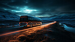 Vehicle traveling, bus and light trails for commercial, driver and owner on road. Test, passenger, and fast automobile for tourism, mechanic or professional, long distance, commute and vacation