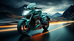 Vehicle, night or motorbike with light trails for racing, transportation or adrenaline rush on road. Speed, bike or fast automobile for dealership, mechanic or professional race competition with neon