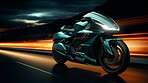 Vehicle, night or motorbike with light trails for racing, transportation or adrenaline rush on road. Speed, bike or fast automobile for dealership, mechanic or professional race competition with neon