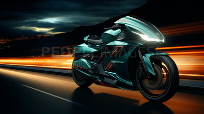 Vehicle, night or motorbike with light trails for racing, transportation or adrenaline rush on road. Speed, bike or fast automobile for dealership, mechanic or professional race competition with neon