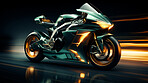 Vehicle, night or motorbike with light trails for racing, transportation or adrenaline rush on road. Speed, bike or fast automobile for dealership, mechanic or professional race competition with neon