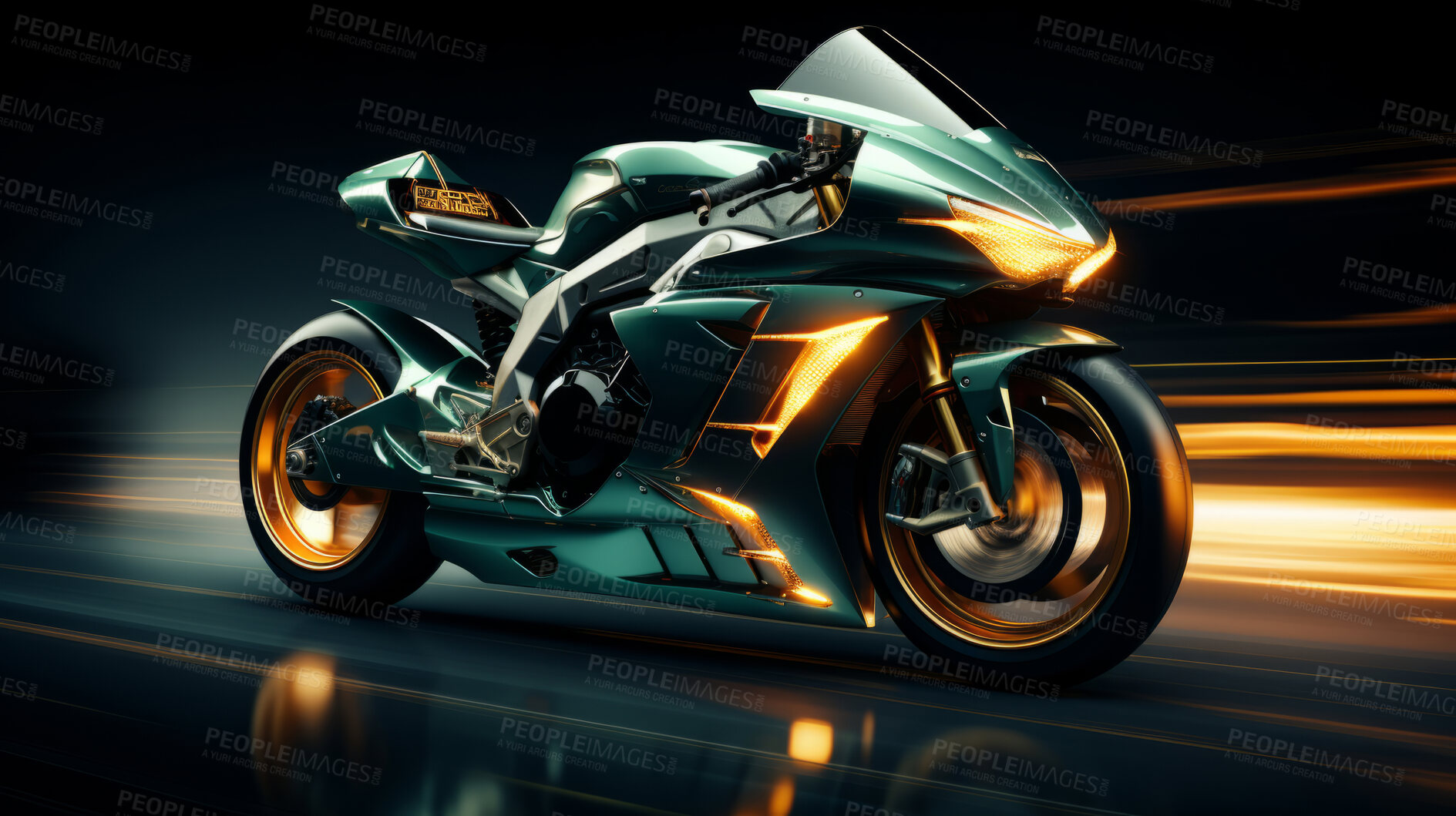 Buy stock photo Vehicle, night or motorbike with light trails for racing, transportation or adrenaline rush on road. Speed, bike or fast automobile for dealership, mechanic or professional race competition with neon