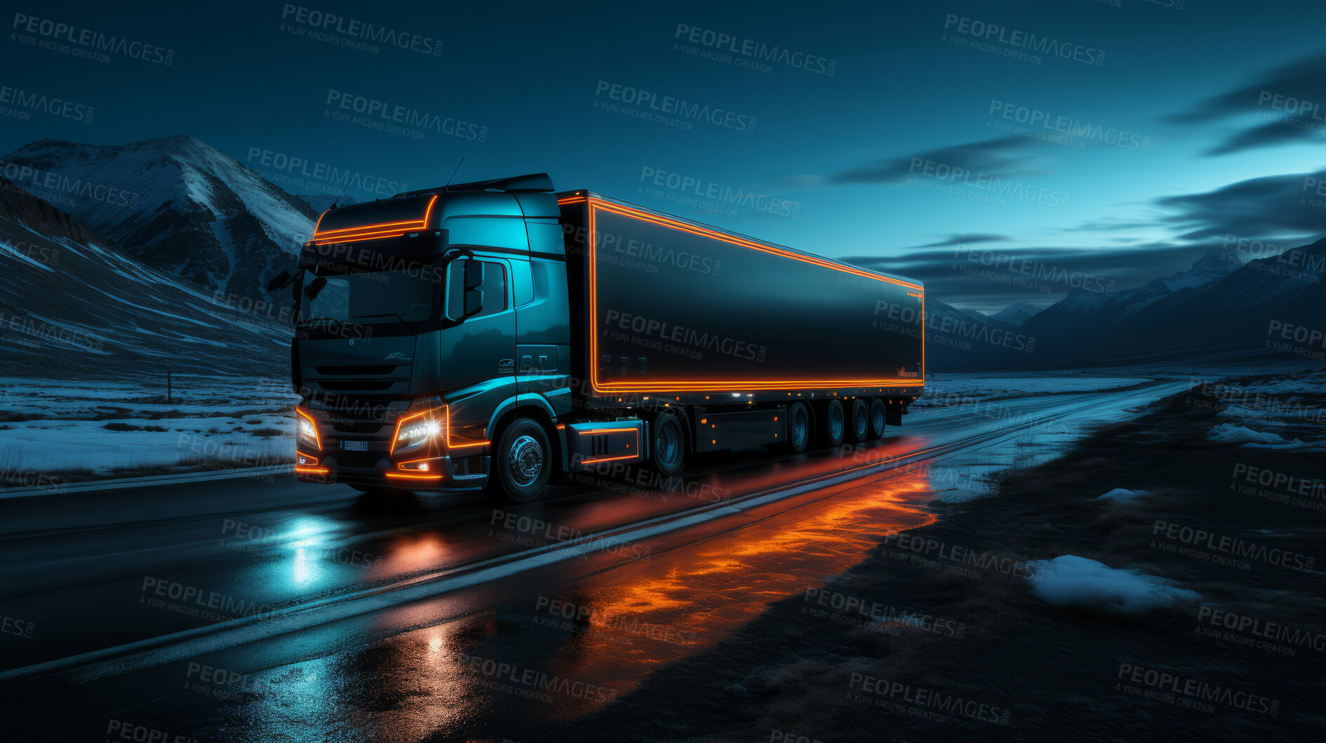 Buy stock photo Vehicle, traveling and night delivery truck and light for commercial, driver and private owner. High speed, modern and fast for economy or professional transport industry with neon pattern streak