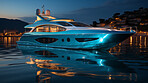 Yacht traveling, ship and water for commercial sailing, transport and private owner on ocean. Retirement, luxury and night for tourism, holiday or professional trip with neon lights in sea landscape