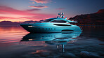 Yacht traveling, ship and water for commercial sailing, transport and private owner on ocean. Retirement, luxury and night for tourism, holiday or professional trip with neon lights in sea landscape