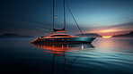 Yacht traveling, ship and water for commercial sailing, transport and private owner on ocean. Retirement, luxury and night for tourism, holiday or professional trip with neon lights in sea landscape