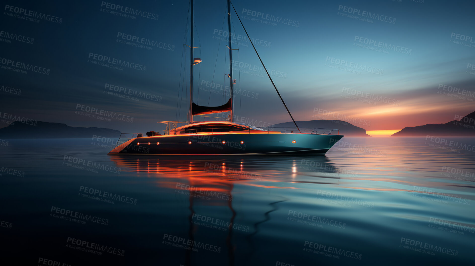 Buy stock photo Yacht traveling, ship and water for commercial sailing, transport and private owner on ocean. Retirement, luxury and night for tourism, holiday or professional trip with neon lights in sea landscape