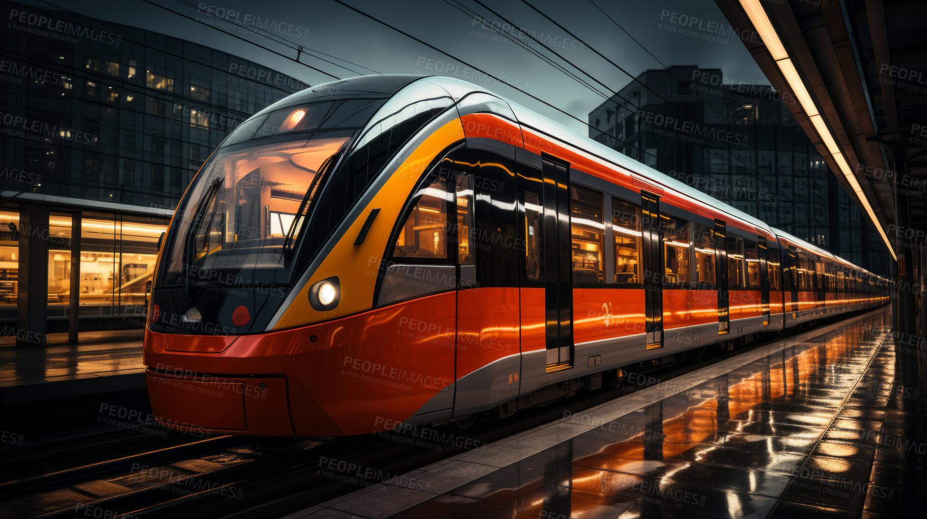 Buy stock photo Vehicle, traveling and night passenger train in railway station for commercial transportation. High speed technology, modern and fast automobile for economy, professional or express commute industry