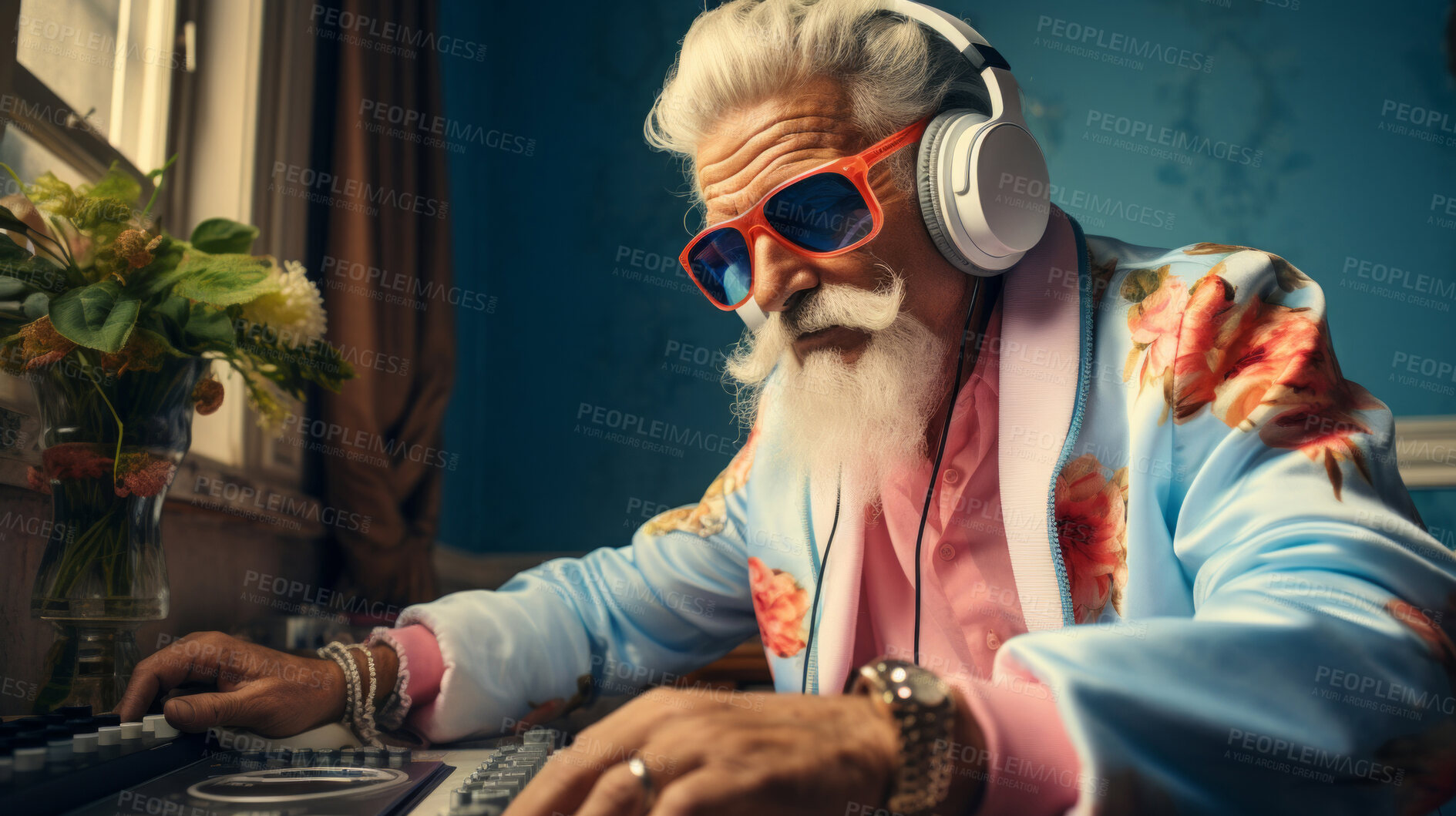 Buy stock photo Senior man, headphones, adorned in vibrant colors. Stylish, tech-savvy and modern elder in a lively setting. On a vibrant journey with a touch of energetic flair.