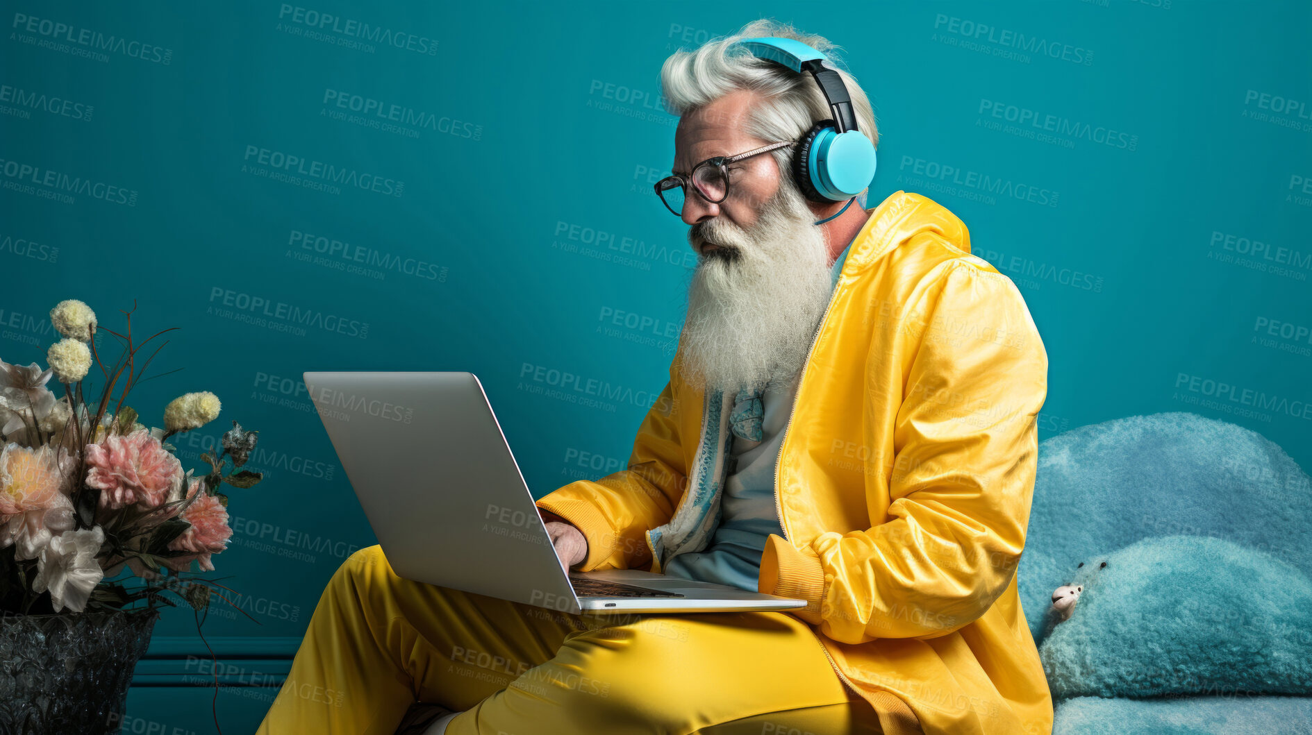 Buy stock photo Senior man, headphones on and working on laptop in vibrant attire. Tech-savvy, focused and stylish elder in a modern setting. On a creative journey with a touch of vibrant energy.