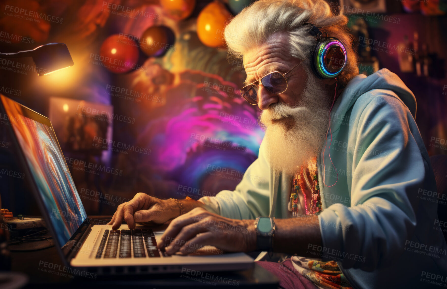 Buy stock photo Senior man, headphones on and working on laptop in vibrant attire. Tech-savvy, focused and stylish elder in a modern setting. On a creative journey with a touch of vibrant energy.