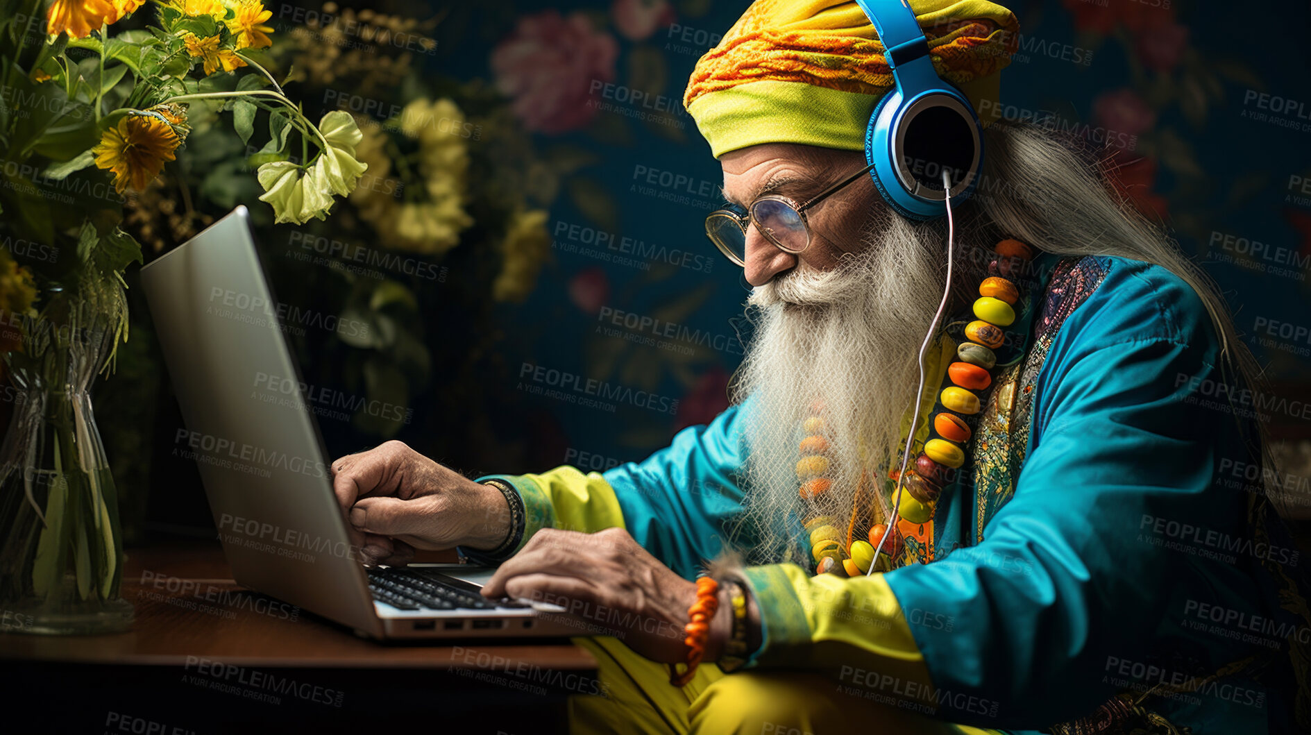 Buy stock photo Senior man, headphones on and working on laptop in vibrant attire. Tech-savvy, focused and stylish elder in a modern setting. On a creative journey with a touch of vibrant energy.