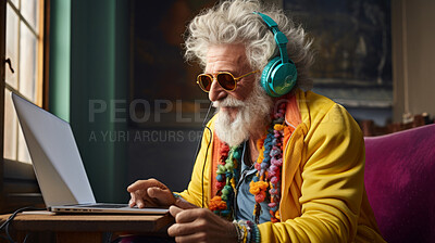 Buy stock photo Senior man, headphones on and working on laptop in vibrant attire. Tech-savvy, focused and stylish elder in a modern setting. On a creative journey with a touch of vibrant energy.