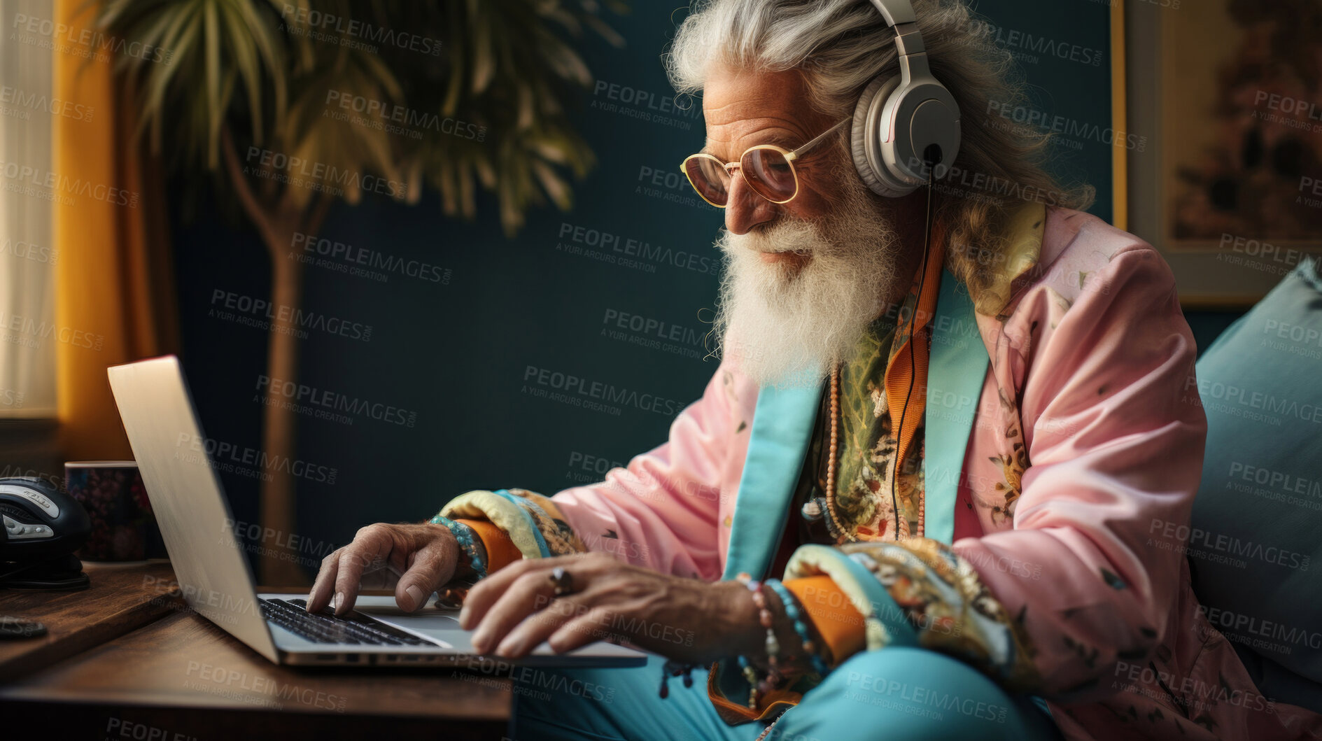 Buy stock photo Senior man, headphones on and working on laptop in vibrant attire. Tech-savvy, focused and stylish elder in a modern setting. On a creative journey with a touch of vibrant energy.